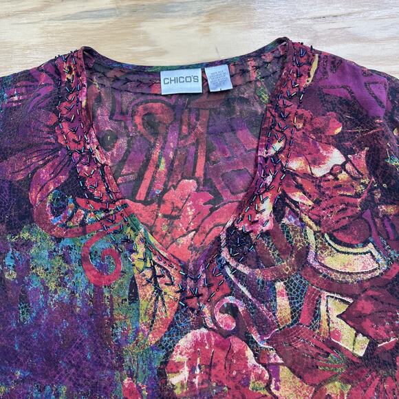 CHICO’s 100% Silk Sheer Chiffon Blouse Top Multicolor Size 3 14 Goblincore Indie - Picture 5 of 11